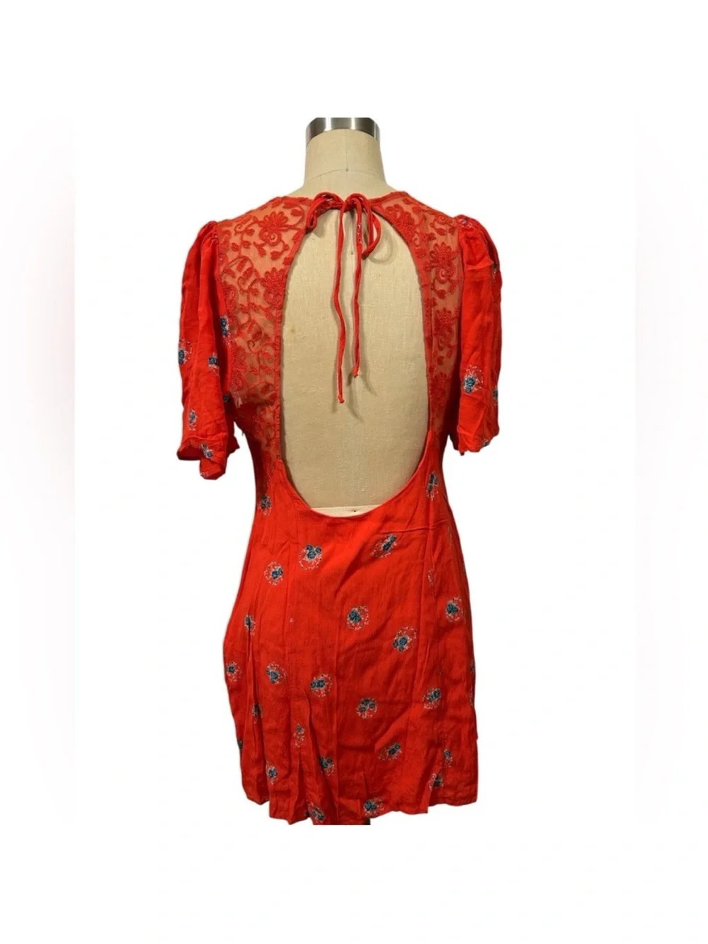 FREE PEOPLE Women Mocking Bird Backless Coral Red Lace Floral Mini Dress size 12 - Picture 5 of 15